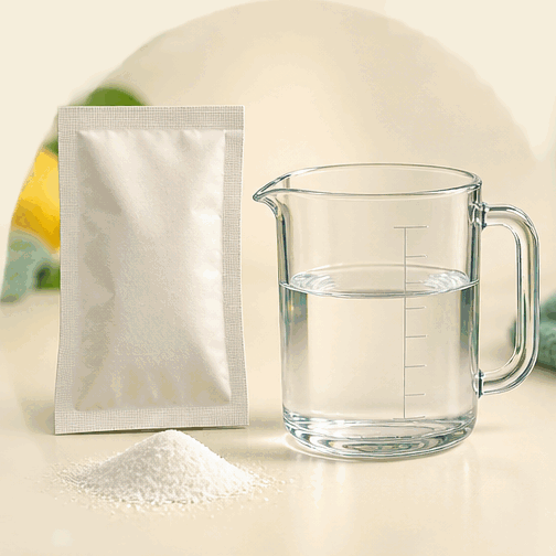 Powder mixed with water becoming aqua hand wash gel in a pump bottle